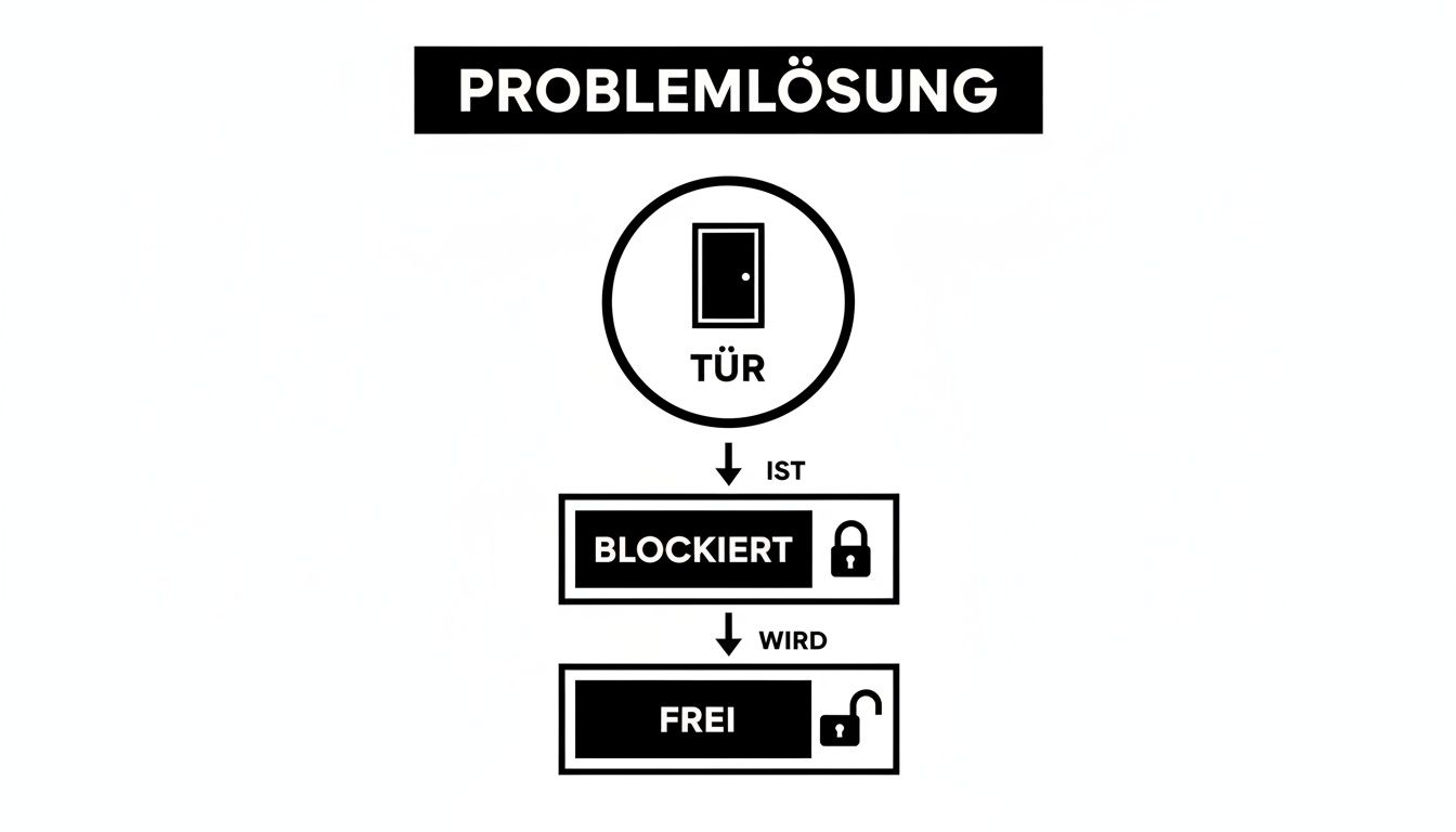 Flussdiagramm zur Problemlösung, das den Zustand einer Tür von 'blockiert' mit geschlossenem Schloss zu 'frei' mit offenem Schloss darstellt.