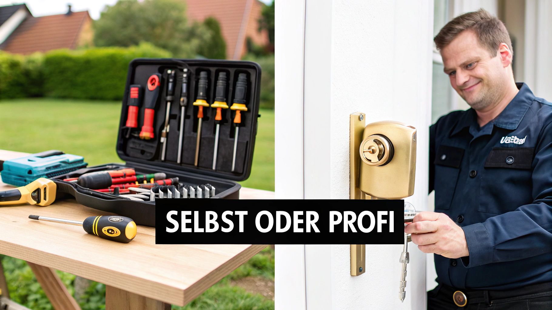 Werkzeuge für Heimwerker und ein lächelnder Schlüsseldienst-Mitarbeiter beim Türschlosswechsel, kontrastierend 'Selbst' und 'Profi'.