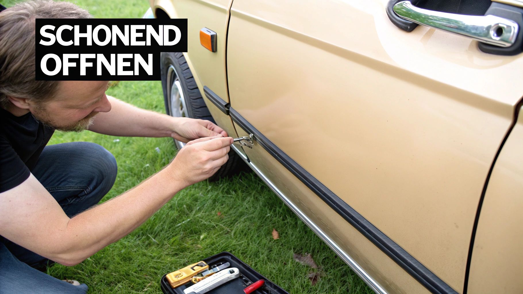 Schematische Darstellung eines Keyless-Go-Systems mit Funksignalen zwischen Schlüssel und Auto