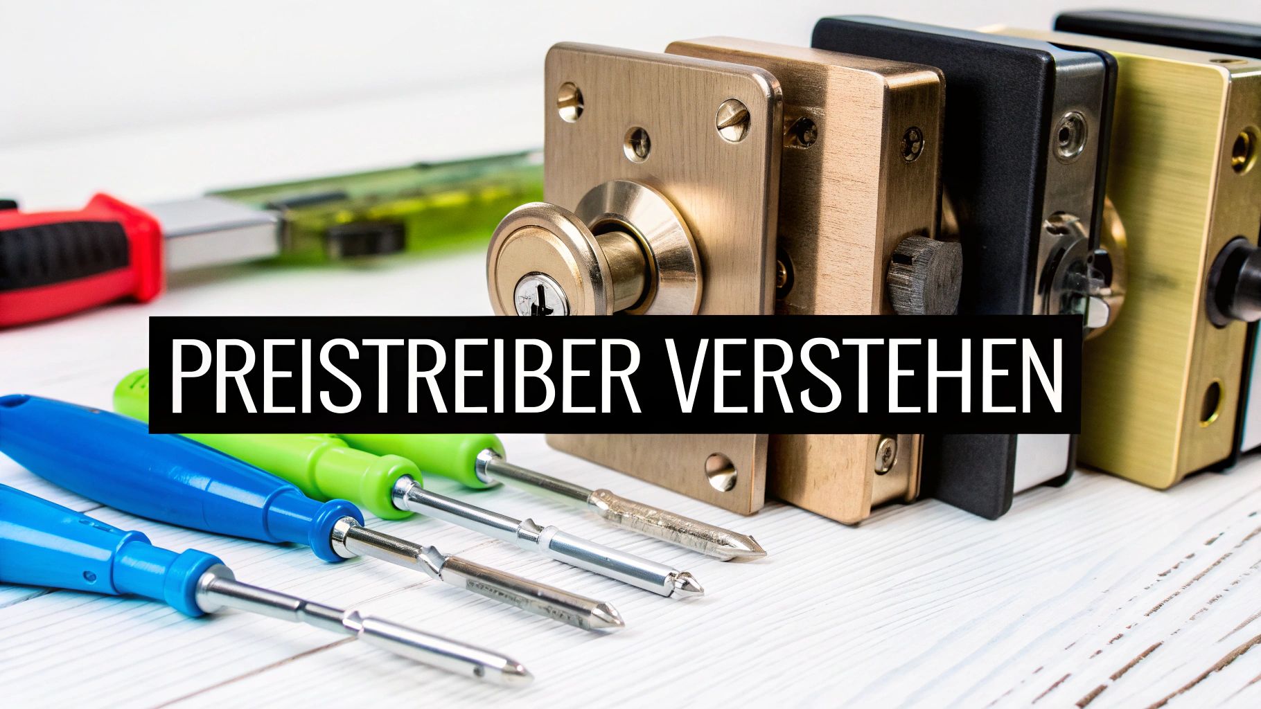 Verschiedene Türschlösser und Werkzeuge wie Schraubendreher liegen auf Holz, mit dem Text "PREISTREIBER VERSTEHEN".
