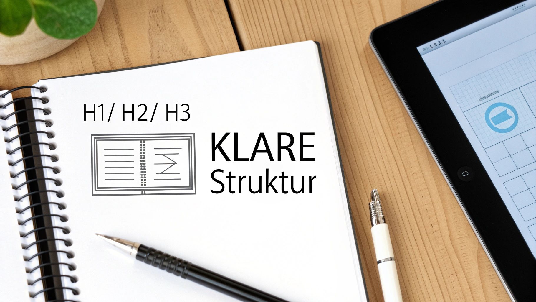 Notebook with the headings H1, H2, H3 and the text "CLEAR structure" on a wooden table with pens and iPad.
