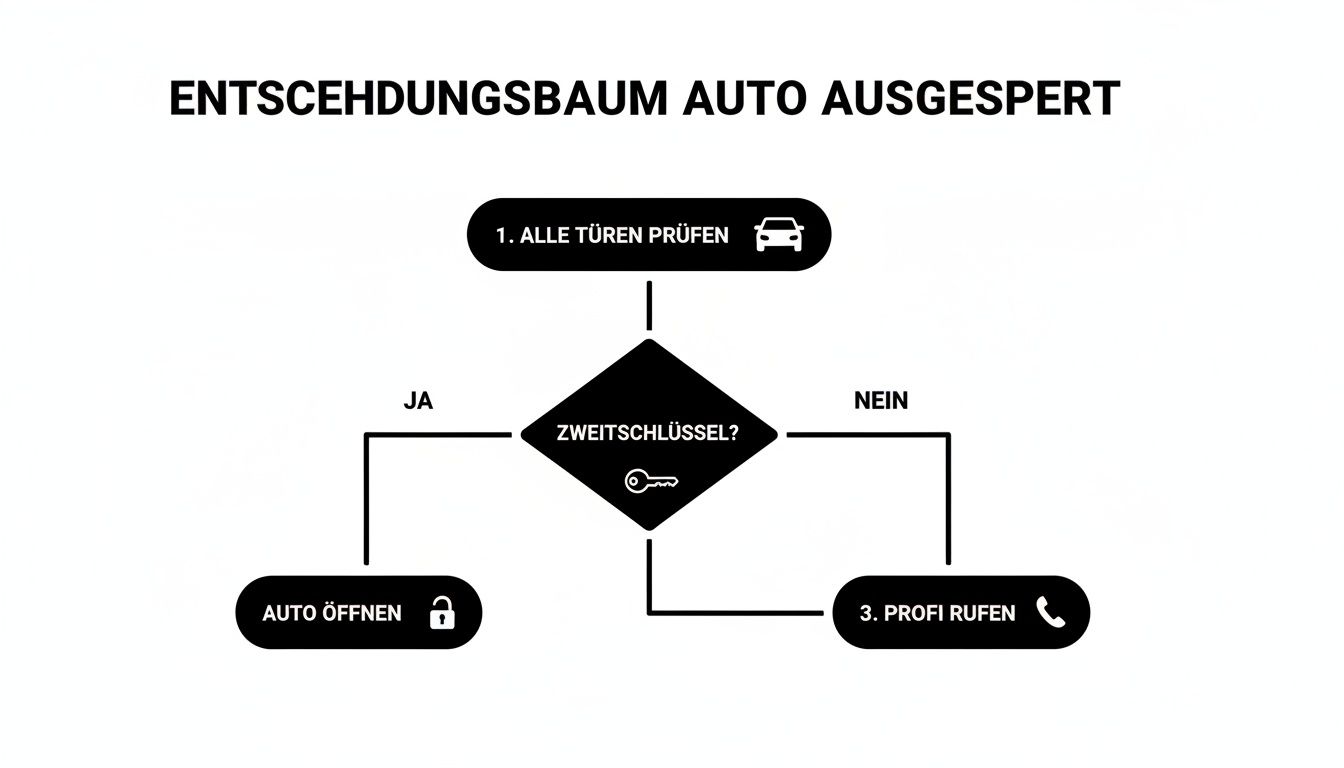 Flussdiagramm zum Vorgehen, wenn man sich aus dem Auto ausgesperrt hat, mit Schritten wie 'Türen prüfen' und 'Zweitschlüssel'.