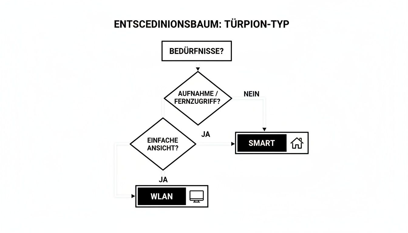 Entscheidungsbaum für Türspione, der je nach Bedürfnissen zu Smart- oder WLAN-Modellen führt.