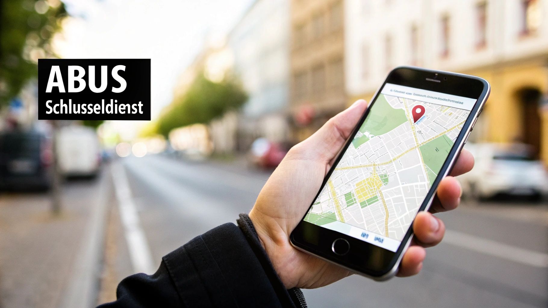 Hand hält Smartphone mit einer Karte und einem Standort-Pin. Im Vordergrund das ABUS Schlüsseldienst Logo. Straße im Hintergrund.