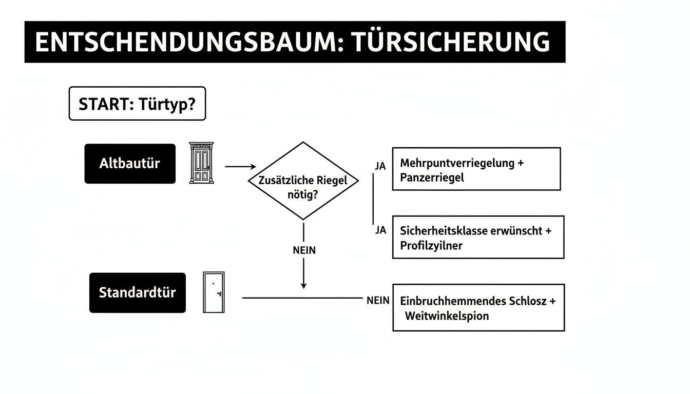 Entscheidungsbaum zur Türsicherung, beginnend mit dem Türtyp, der zwischen Altbau- und Standardtüren unterscheidet und verschiedene Sicherheitsmaßnahmen vorschlägt.