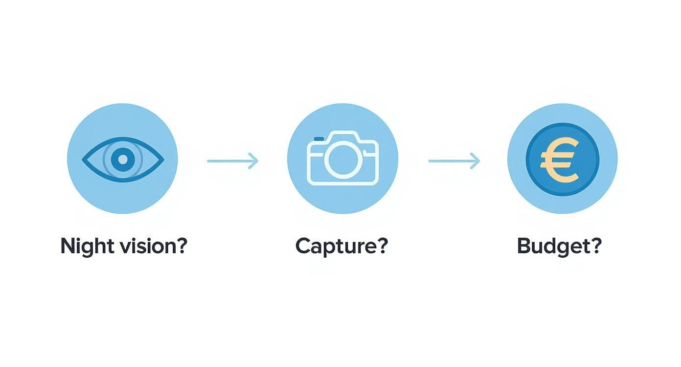 Prozessdiagramm zeigt drei Schritte: Nachtsicht-Symbol, Kamera-Symbol und Budget-Euro-Symbol mit Pfeilen verbunden