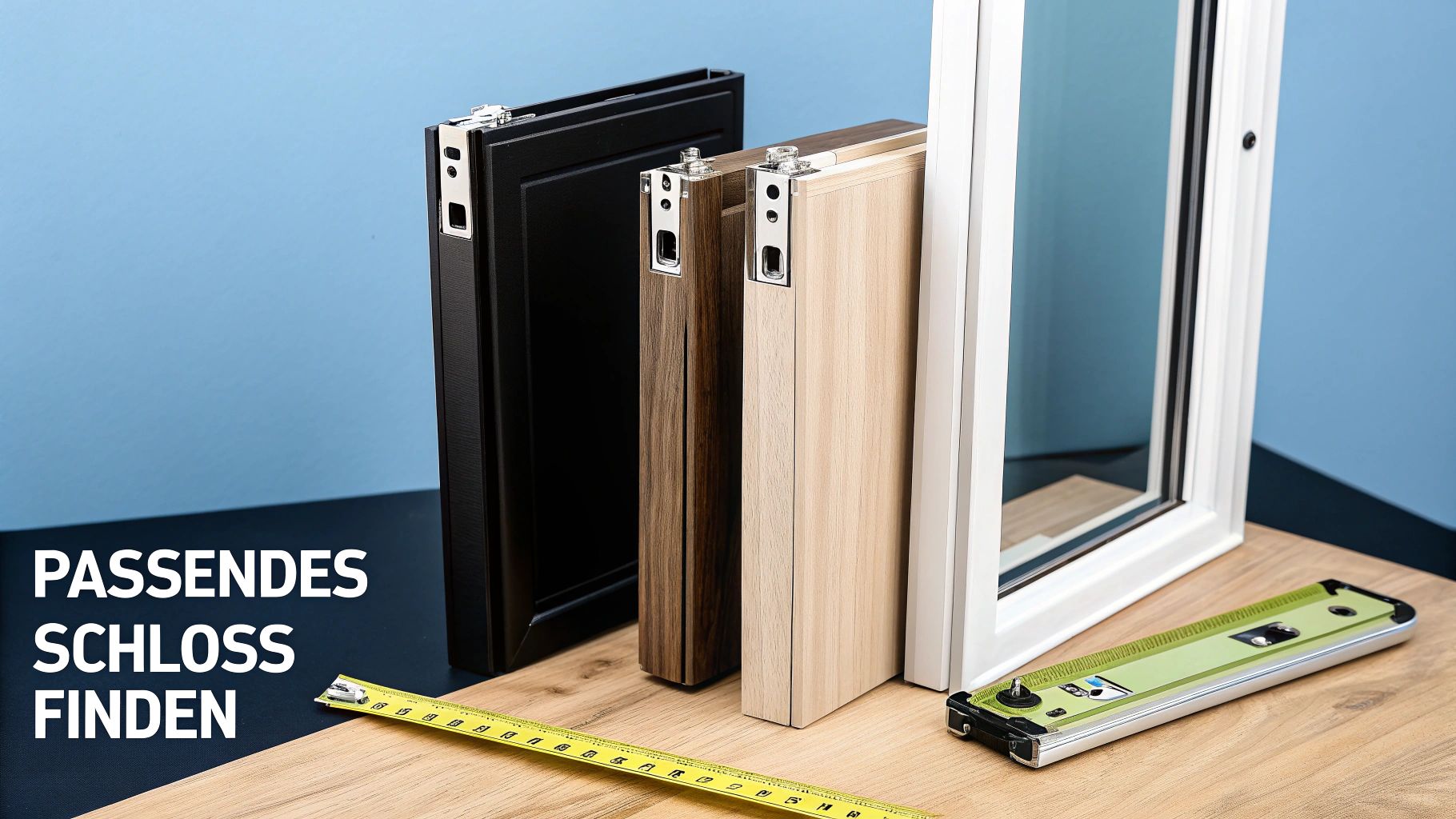 Verschiedene Türzargen in unterschiedlichen Holzfarben mit Maßband zur Auswahl des passenden Schlosses