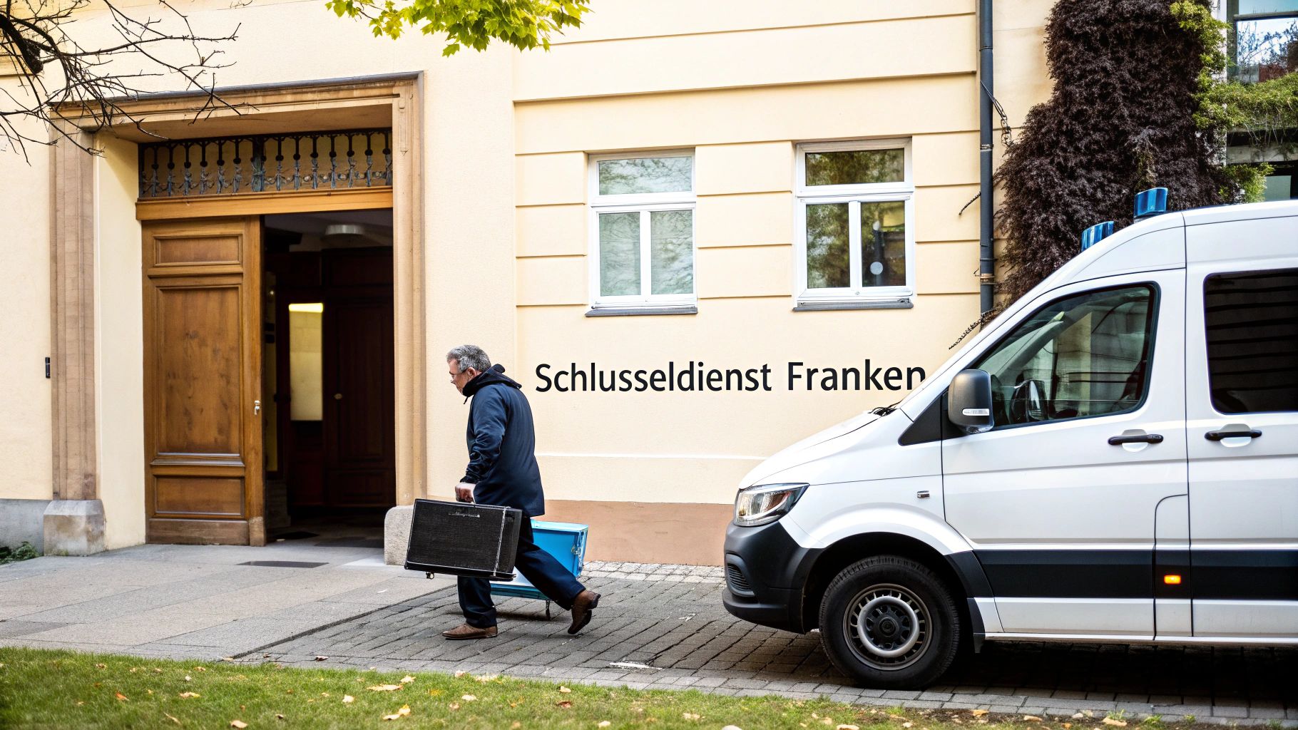 Ein Schlüsseldienst-Mitarbeiter trägt Werkzeugkoffer vor einem Gebäude zu seinem Lieferwagen.