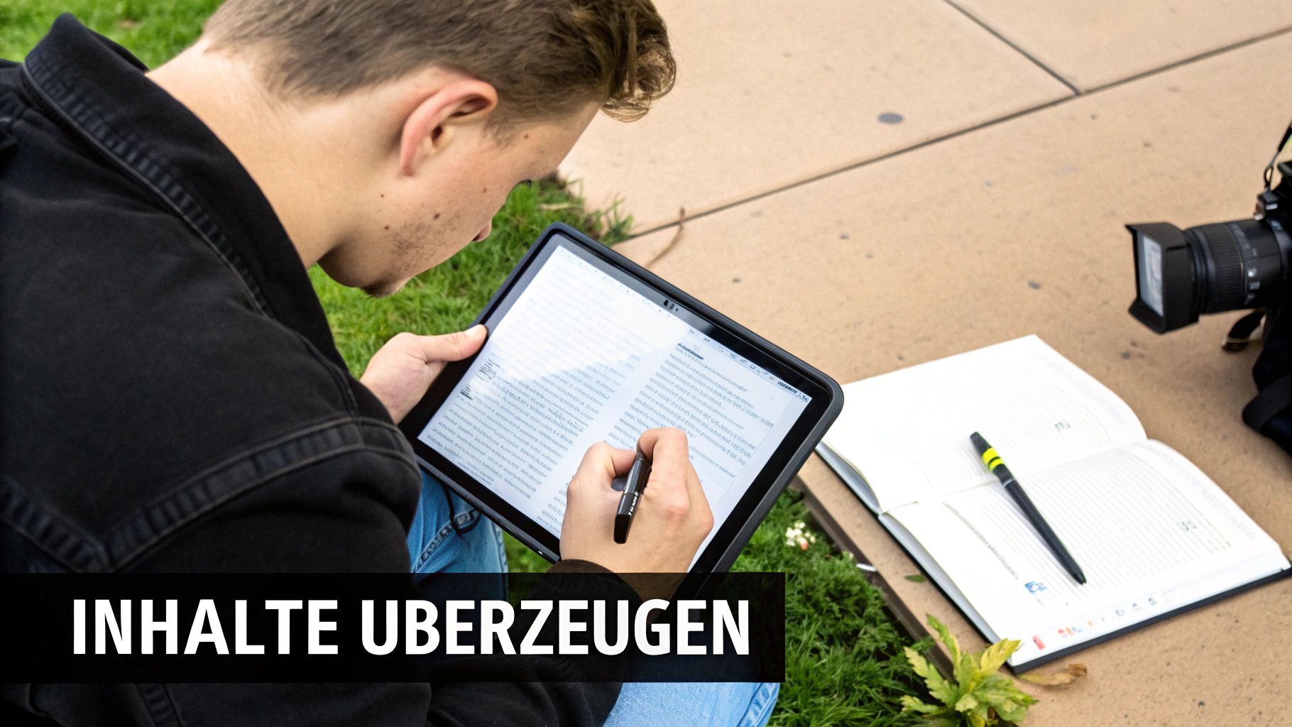 Eine Person schreibt an einem Laptop, umgeben von Icons, die Ideen und Kreativität symbolisieren