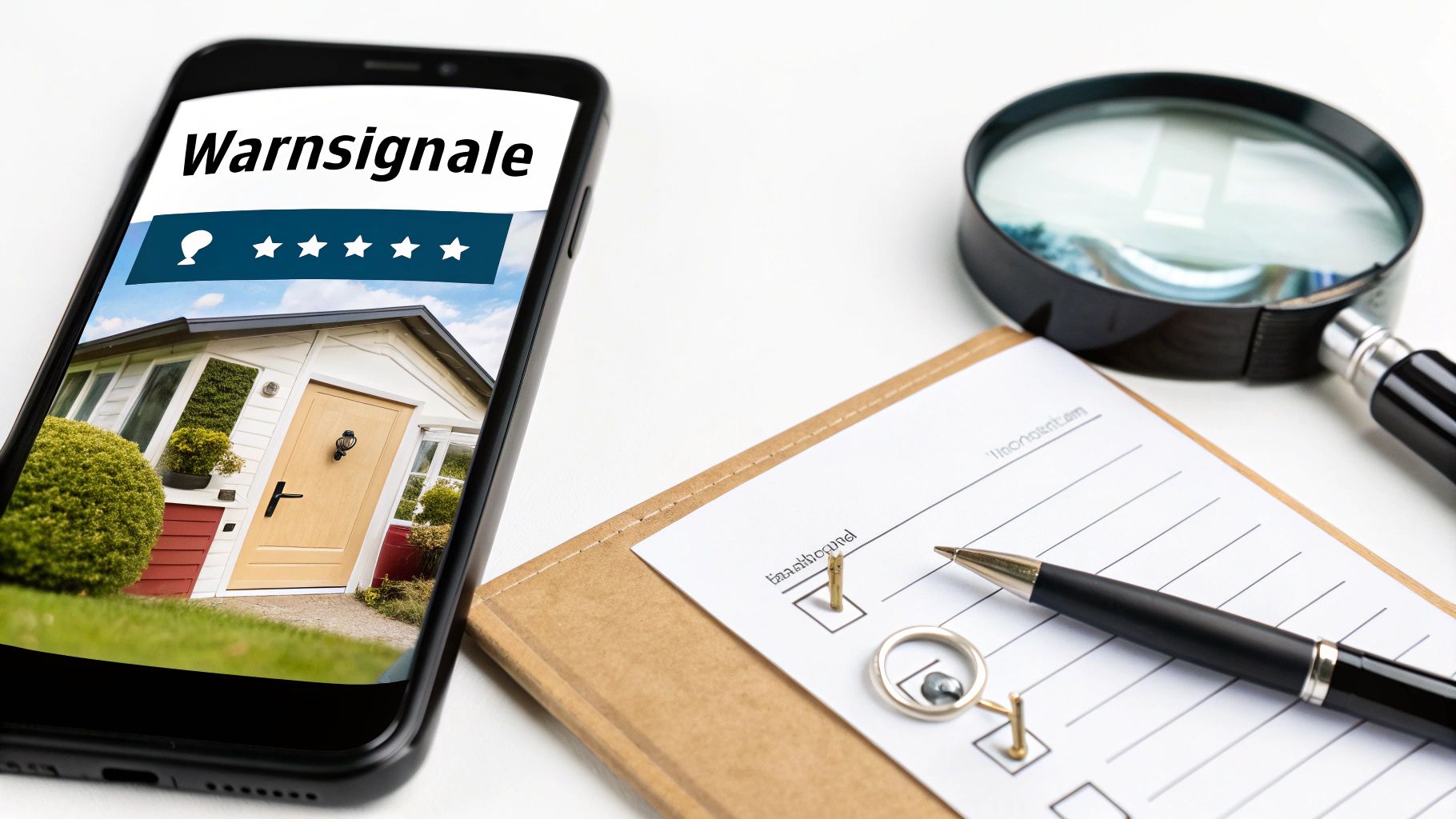 Smartphone zeigt Warnsignale für ein Haus mit 5-Sterne-Bewertung, daneben Lupe und Checkliste zur Immobilienprüfung.