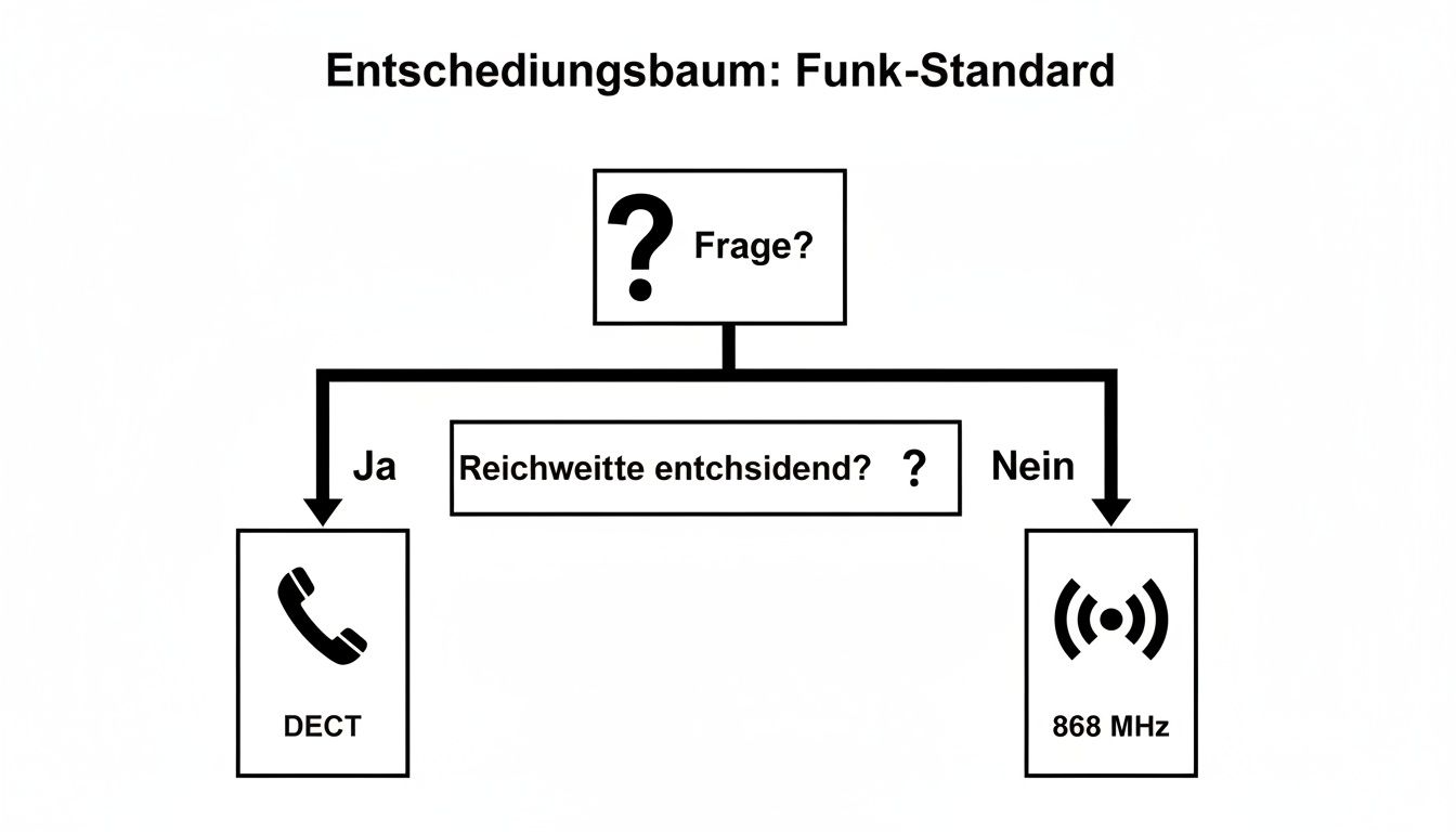Ein Entscheidungsbaum zur Auswahl eines Funk-Standards, der zwischen DECT und 868 MHz basierend auf der benötigten Reichweite unterscheidet.