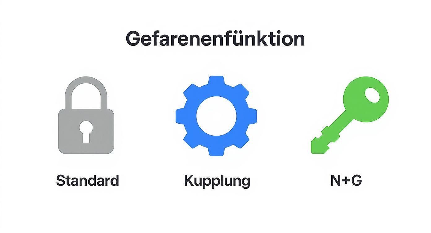 Grafik zeigt drei Symbole für die Gefahrenenfunktion: ein Vorhängeschloss für Standard, ein Zahnrad für Kupplung und ein Schlüssel für N+G.