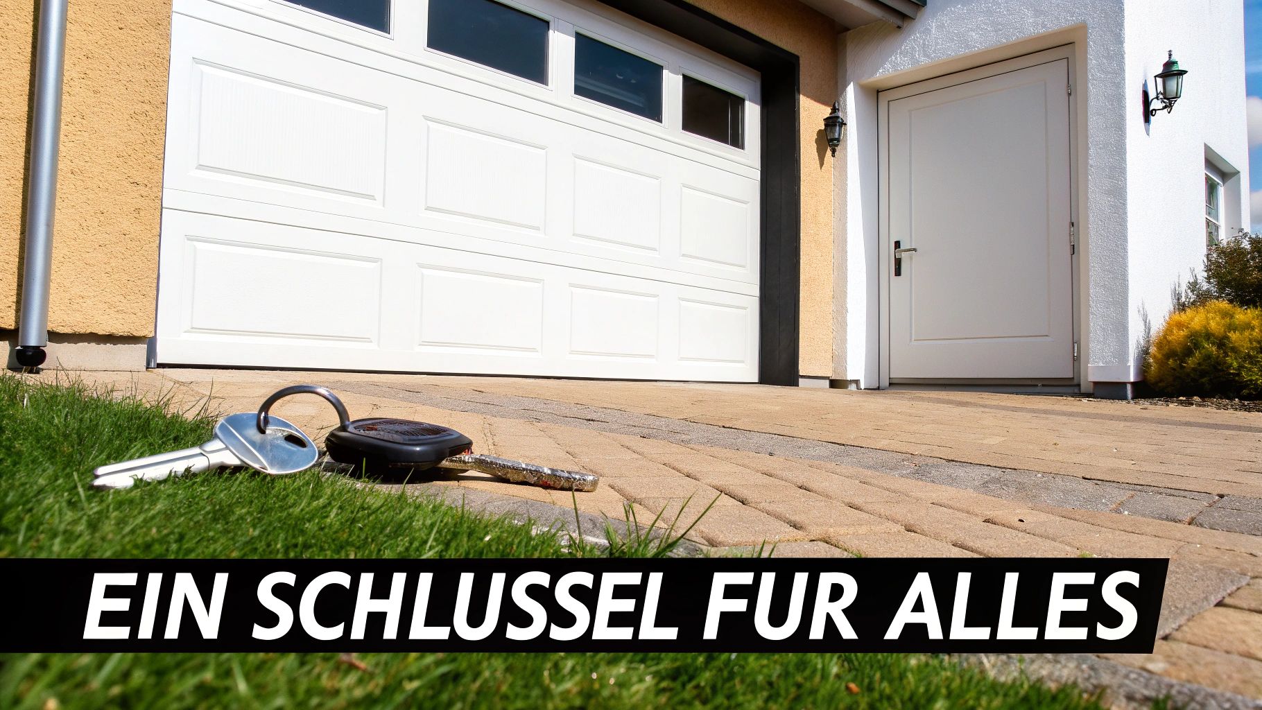 Ein Schlüssel und Garagentoröffner auf Gras vor einem Haus mit Garage und Haustür, symbolisiert universellen Zugang.
