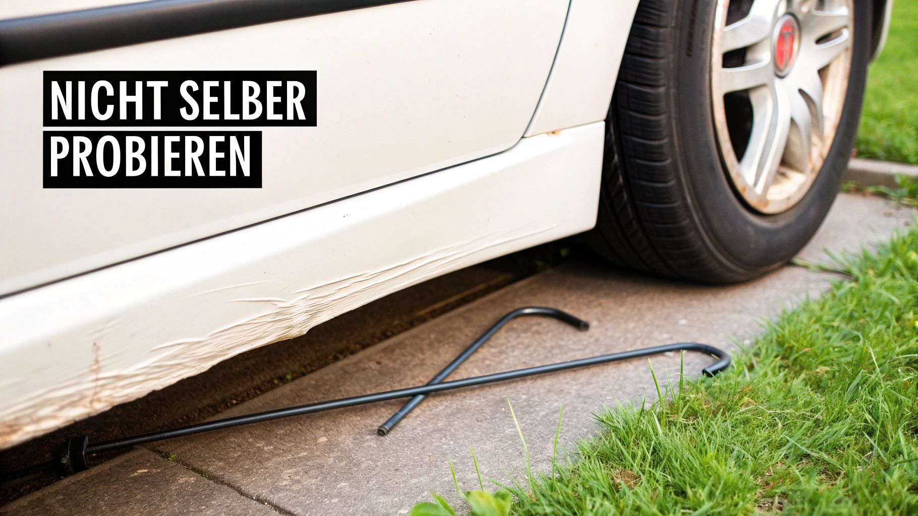 Nahaufnahme eines weißen Autos mit beschädigtem Schweller und einem platten Reifen; Werkzeug liegt am Boden. Text: Nicht selber probieren.