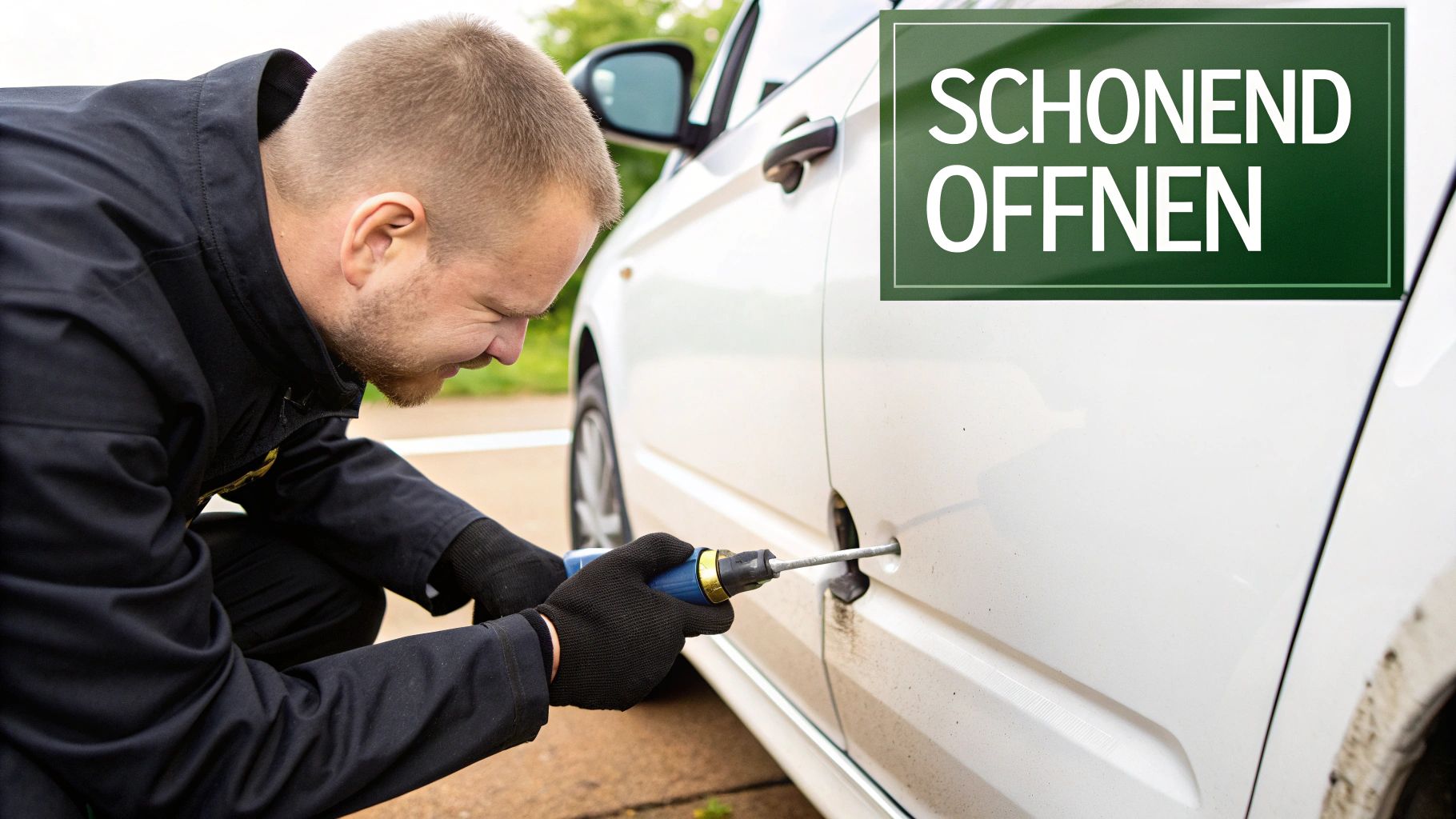 Ein Mann öffnet vorsichtig eine weiße Autotür mit einem Spezialwerkzeug, möglicherweise ein Schlüsseldienstmitarbeiter.