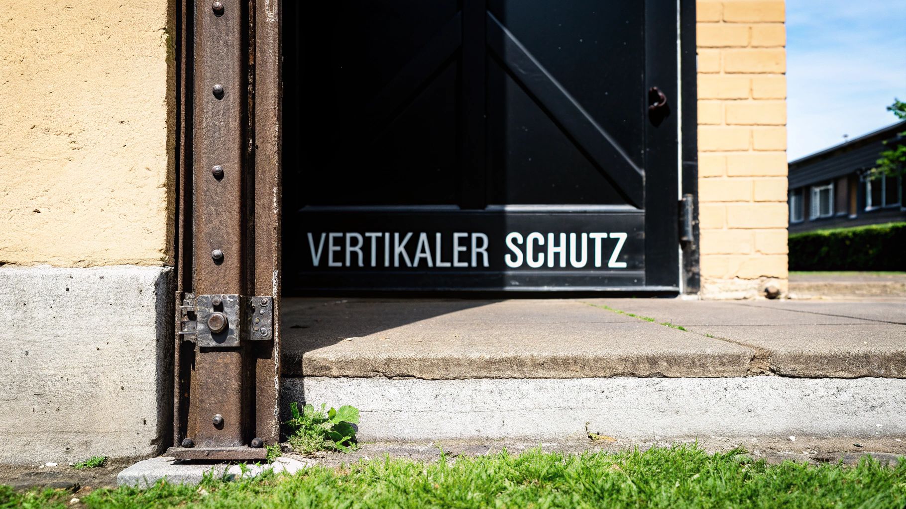 Nahaufnahme einer schwarzen Tür mit der Aufschrift „VERTIKALER SCHUTZ“, daneben ein rostiger Metallträger und eine gelbe Wand.