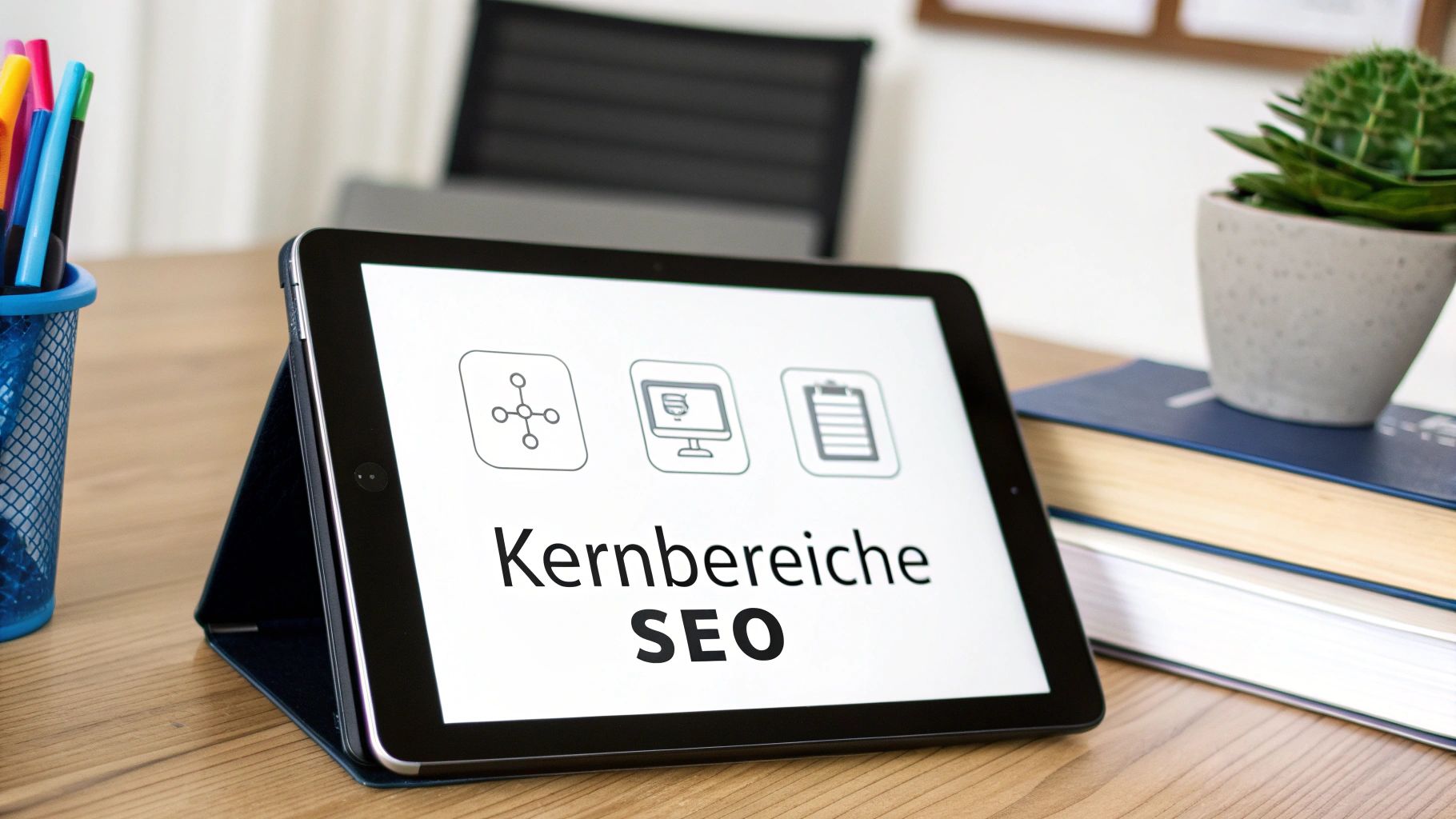 Tablet on wooden table displays 'core SEO areas' with icons for network, computer and documents.