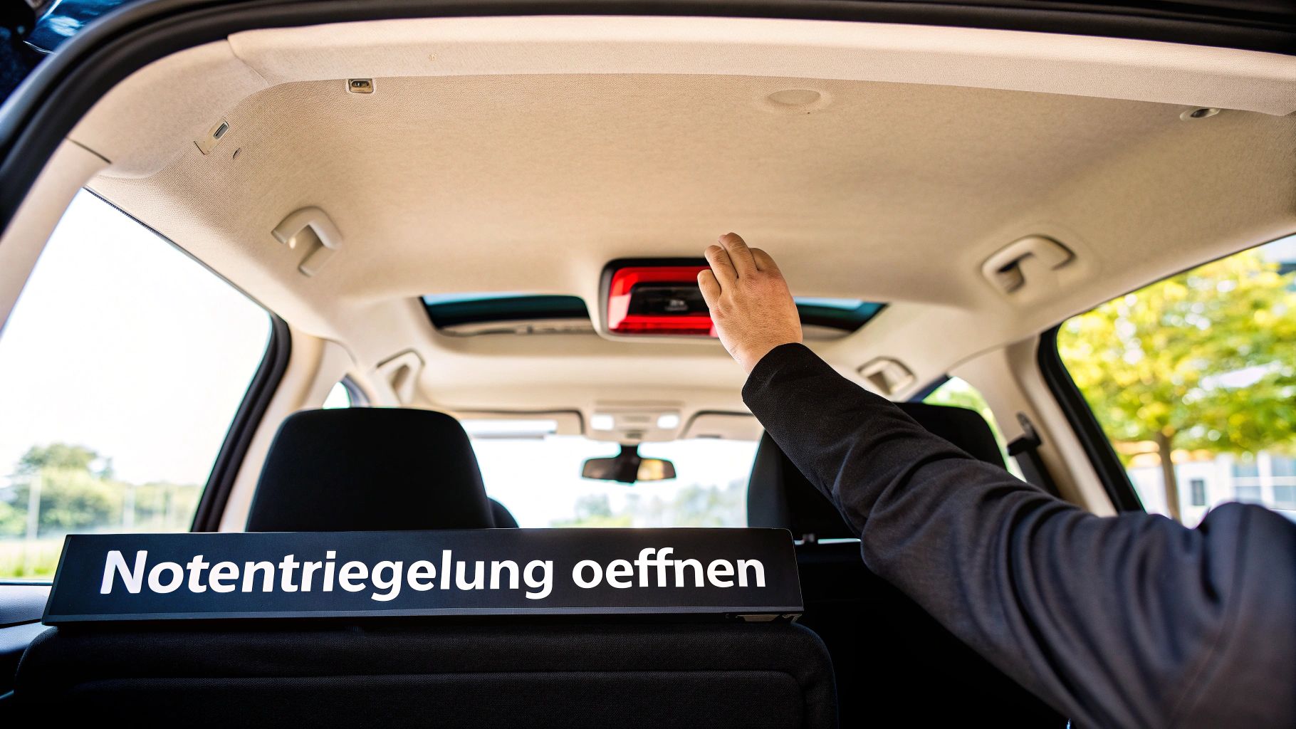 Schild im Auto mit der Aufschrift „Notentriegelung öffnen“, während eine Hand nach oben zum Dachhimmel greift.