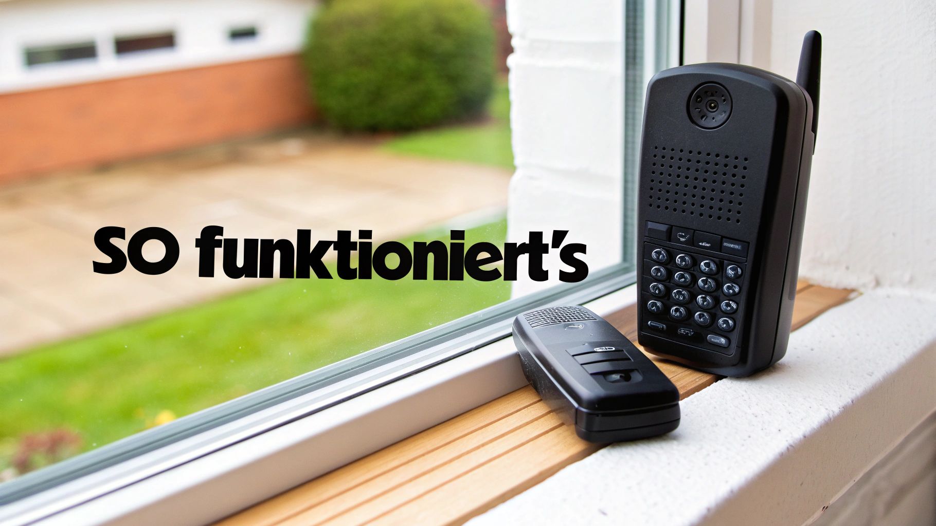 Schwarzes schnurloses Funktelefon mit Tastatur und Antenne auf Fensterbank, Garten im Hintergrund