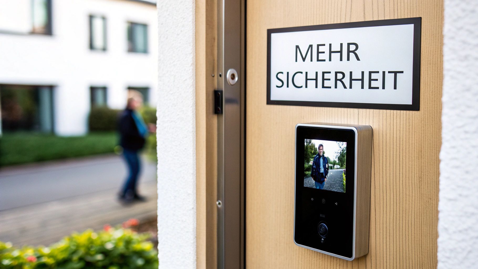 Ein digitaler Türspion mit Bildschirm zeigt einen Mann vor einem Haus, daneben ein Schild 'MEHR SICHERHEIT'.