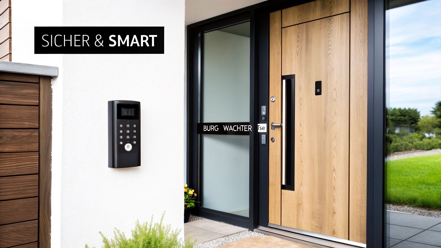 Moderne Haustür mit Holzdesign, Glasseitenteil und digitalem Zutrittssystem von BURG WÄCHTER Tse, beworben als "SICHER & SMART".