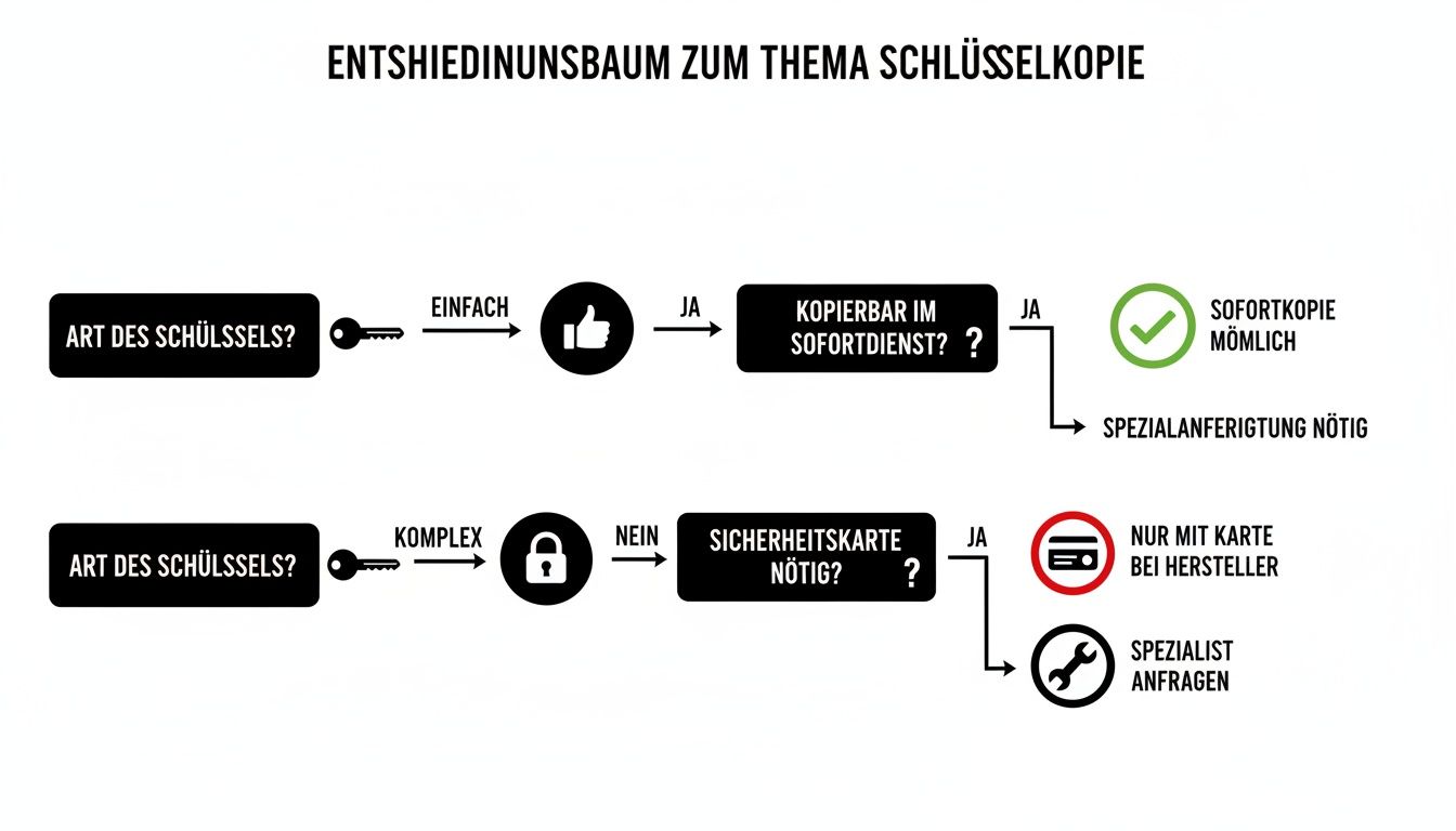 Entscheidungsbaum zur Schlüsselkopie, zeigt Optionen für einfache und komplexe Schlüssel, inklusive Sofortdienst oder Spezialanfertigung.