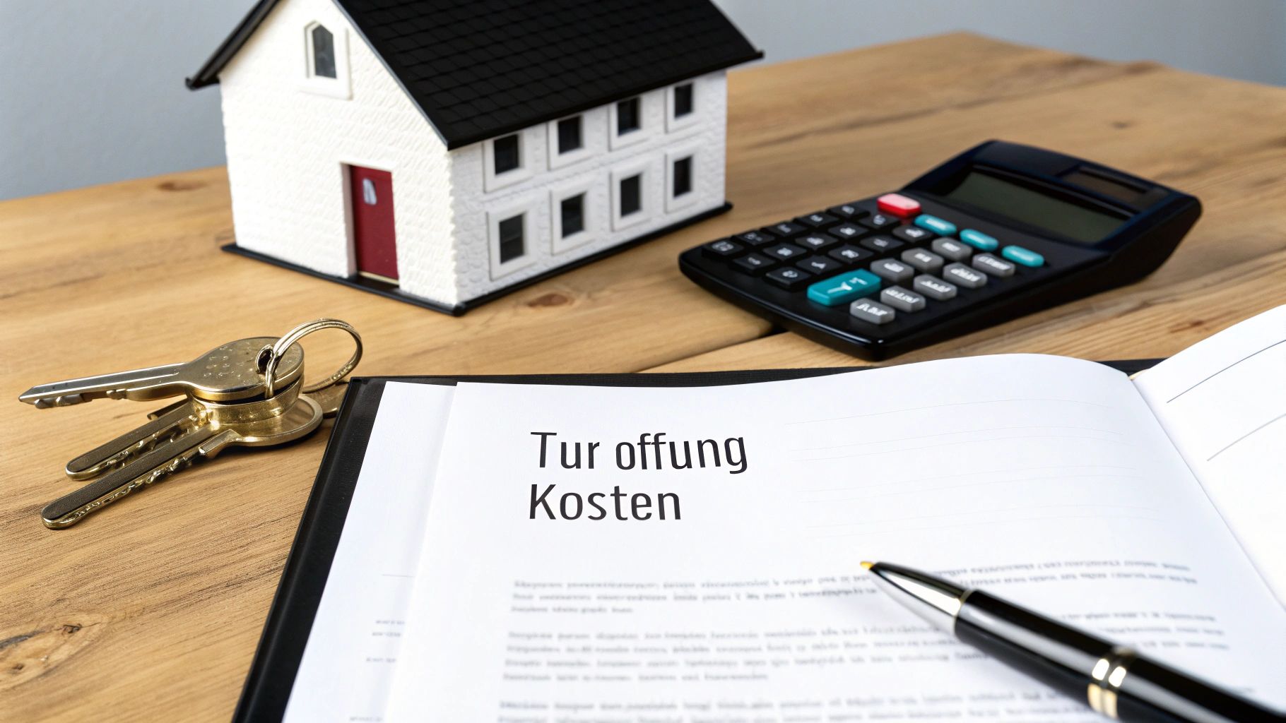 Ein Modellhaus, Schlüssel, Taschenrechner, Stift und Notizbuch mit 'Tür öffnung Kosten' auf einem Holztisch.