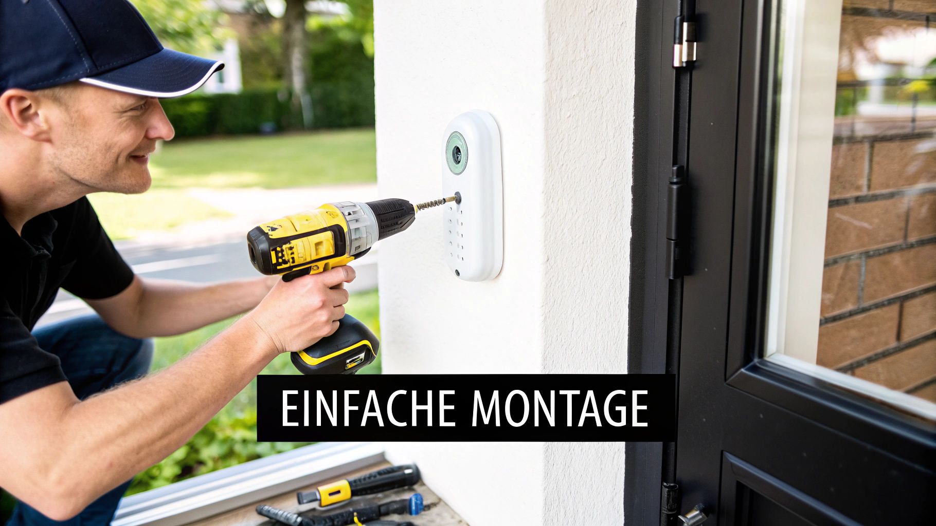Techniker installiert weiße Türsprechanlage mit Akku-Bohrschrauber an Hauswand neben Haustür