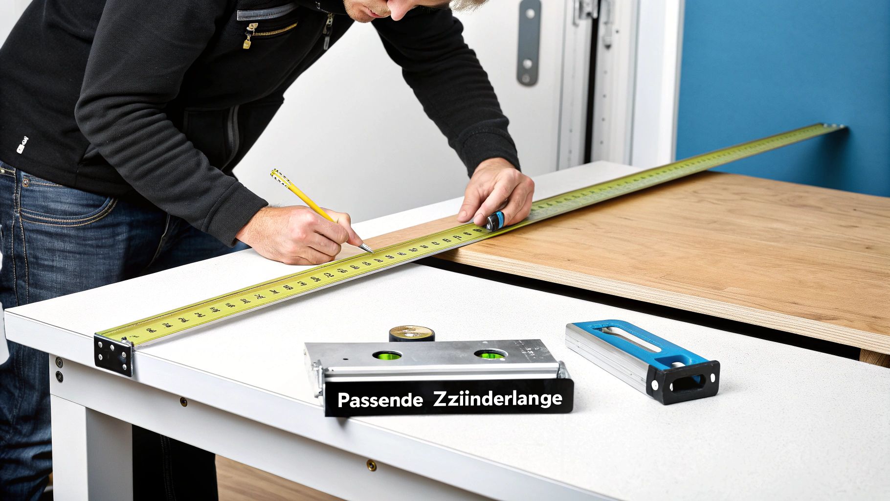 Eine Person misst die Länge eines Holzbretts mit einem Maßband und Bleistift auf einem weißen Tisch. Eine Wasserwaage liegt daneben.