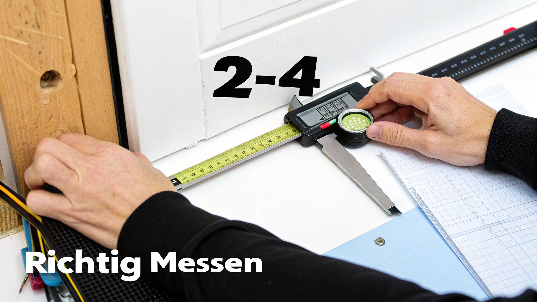 Eine Person misst die Länge eines Schließzylinders mit einem Lineal.