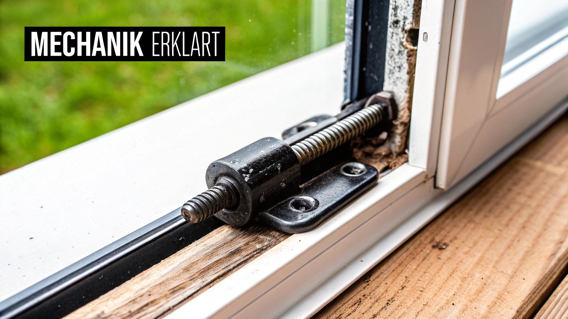 Nahaufnahme eines Fensterriegels mit Feder und Schraube an einem weißen Fensterrahmen.