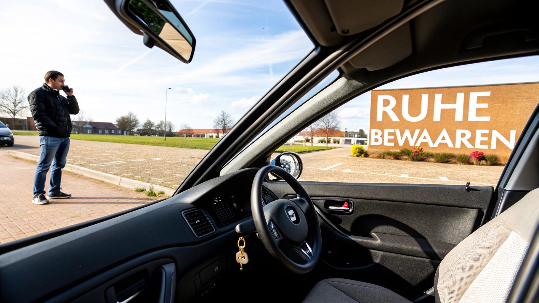 Eine Person versucht vorsichtig, mit einem Draht ein Autofenster zu öffnen