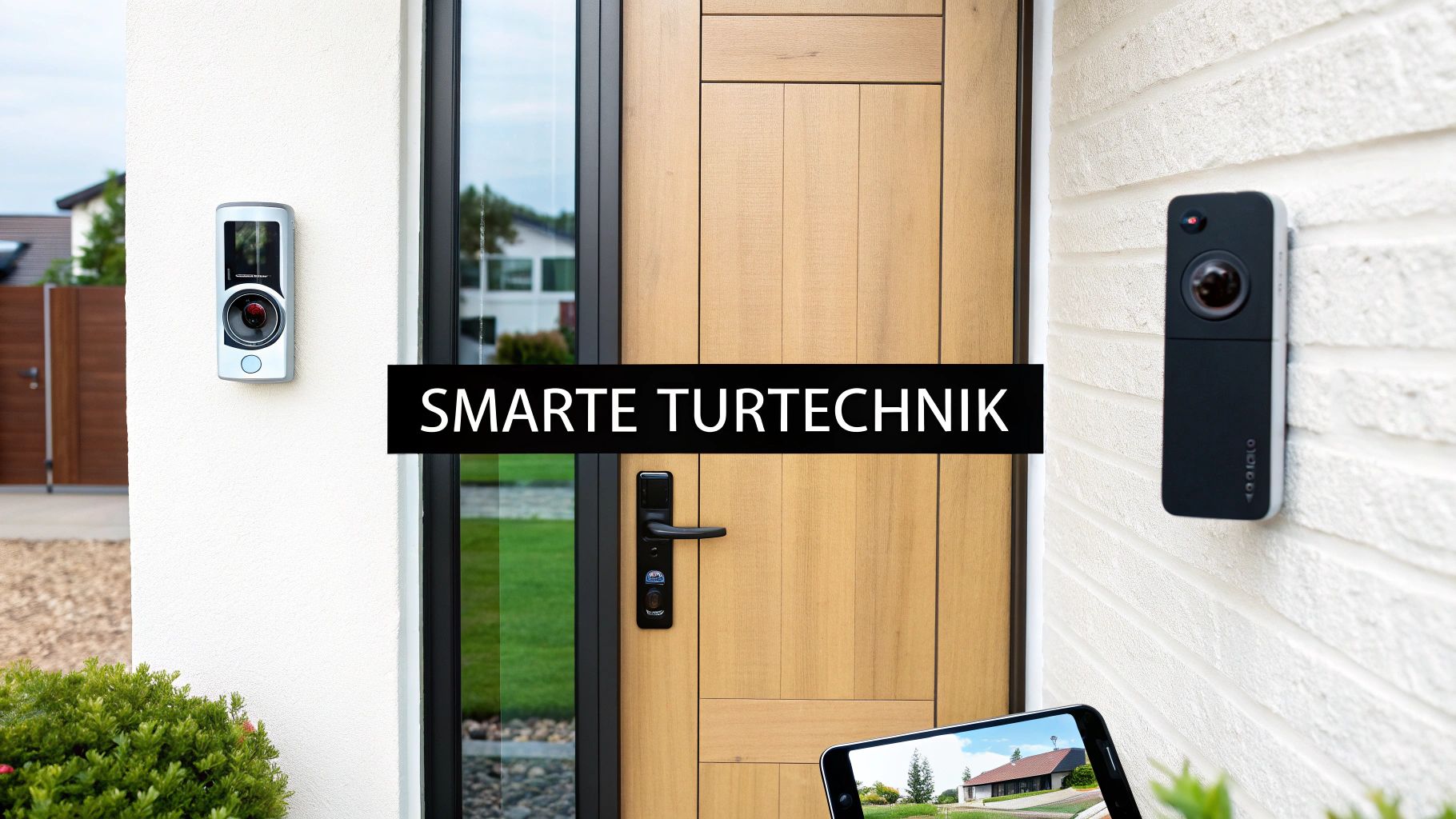 Moderne Haustür mit smarten Sicherheitssystemen und einer Video-Gegensprechanlage.