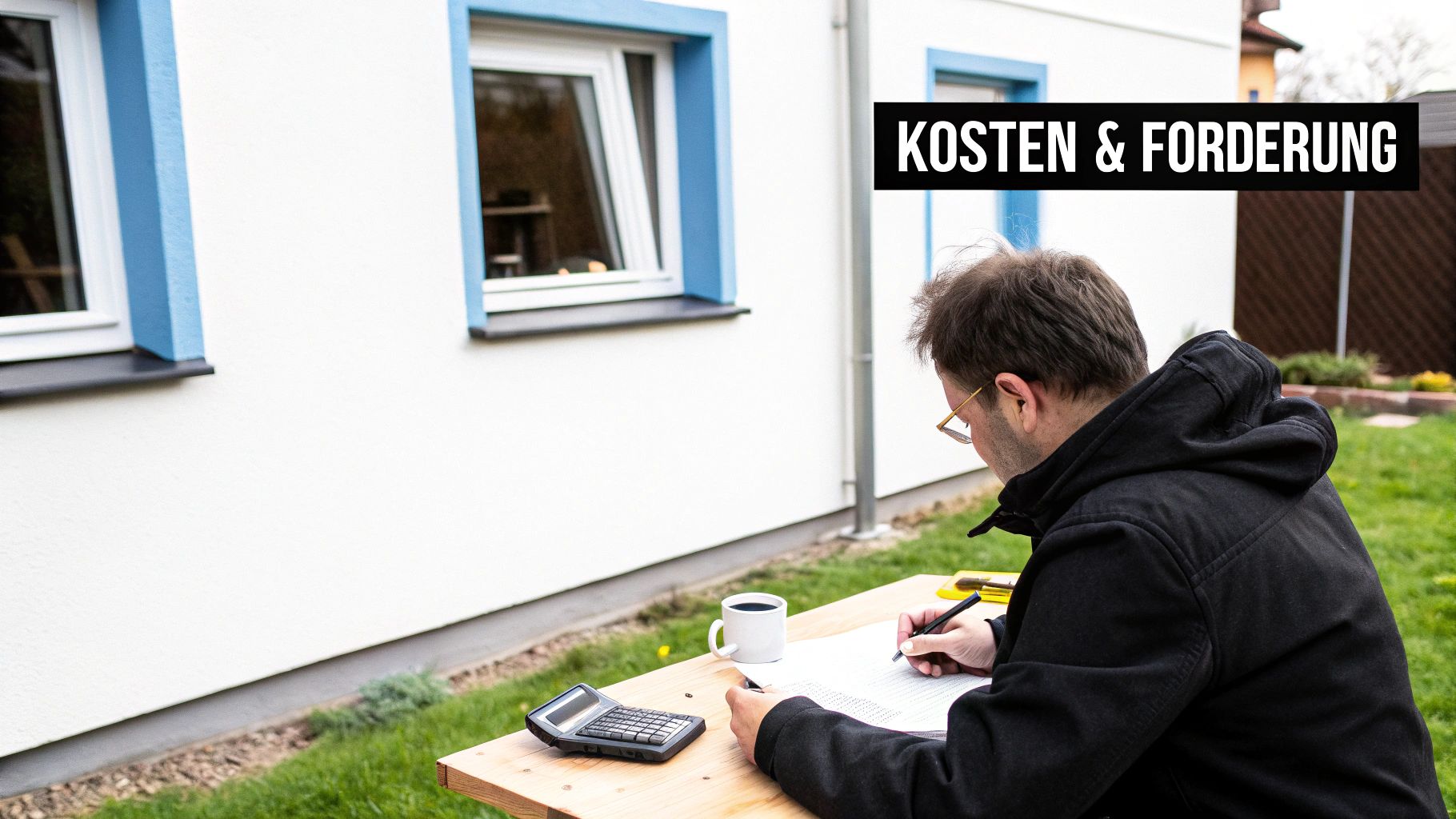 Person berechnet Kosten und Förderungen für ein Haus mit blauen Fensterrahmen, sitzt draußen am Tisch.