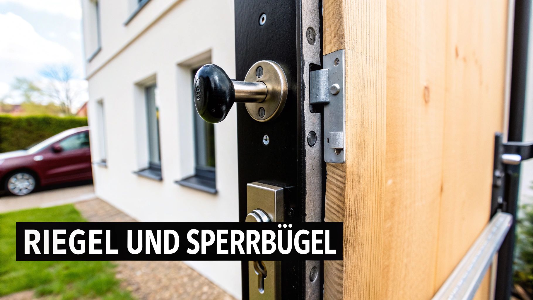 Moderne Haustür mit Sperrbügel und Zusatzschloss für erhöhte Sicherheit am Eingang