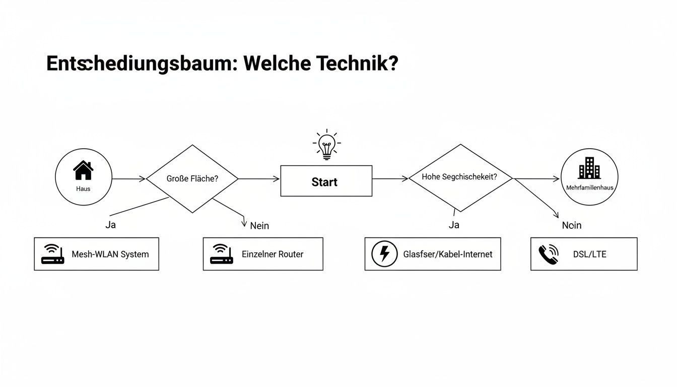Entscheidungsbaum für Heimnetzwerk-Technologie: Wahl zwischen Mesh-WLAN, Einzelner Router, Glasfaser/Kabel und DSL/LTE.