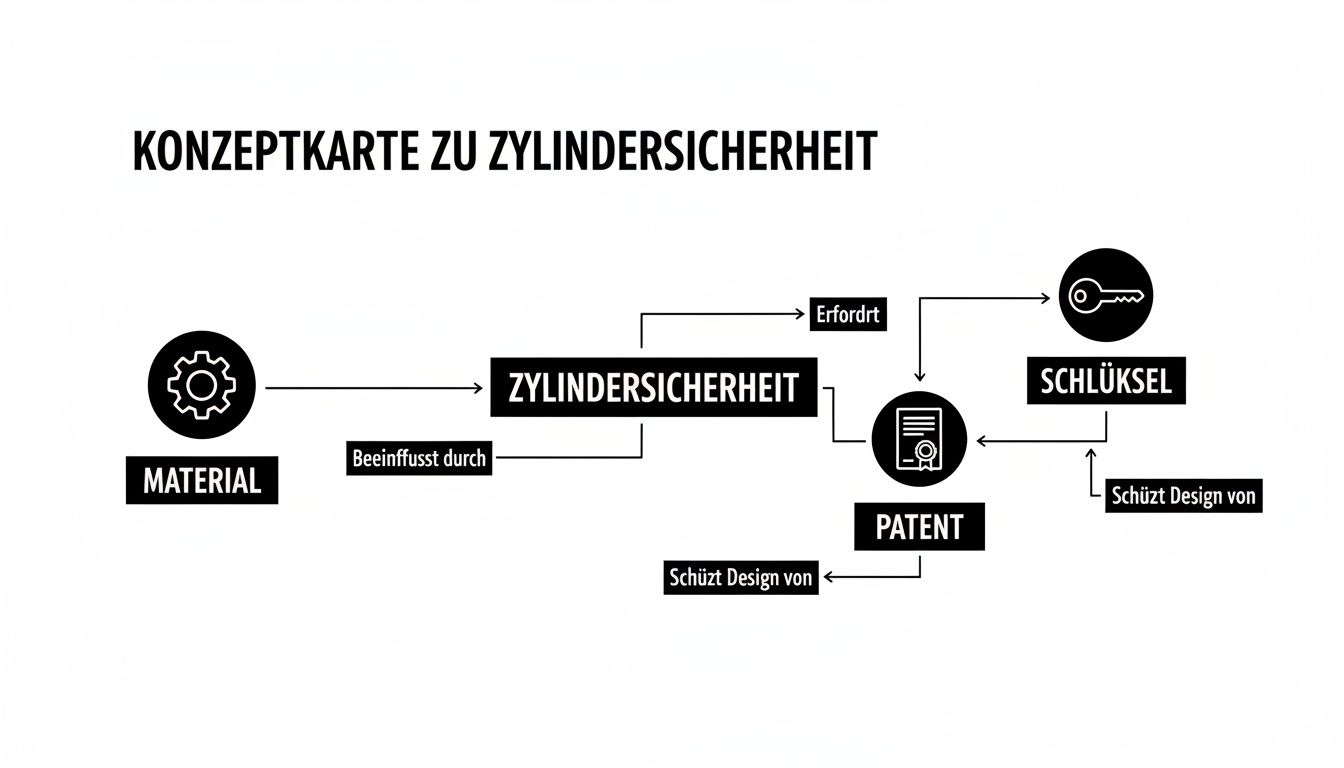 Konzeptkarte zur Zylindersicherheit, zeigt Beziehungen zwischen Material, Schlüssel und Patent.