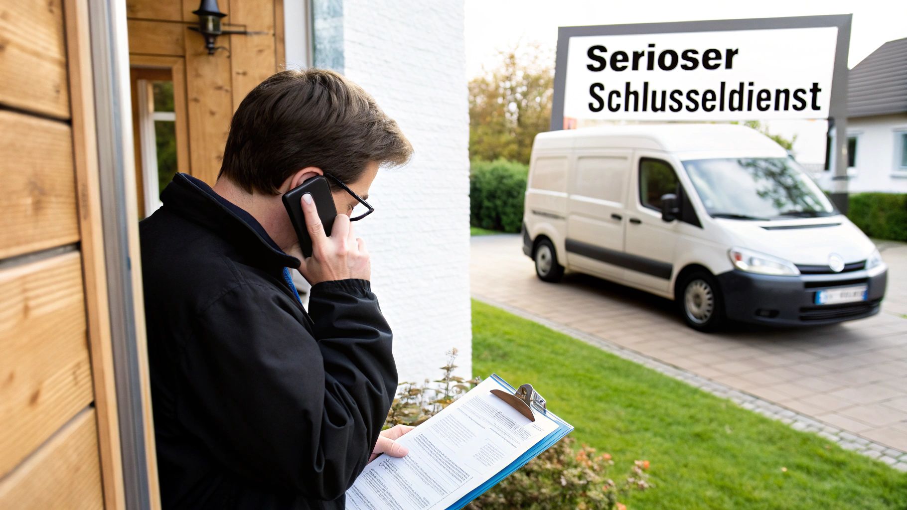Ein Mann telefoniert mit einem Klemmbrett in der Hand vor einem Haus, während ein Dienstwagen und ein Schild mit der Aufschrift „Seriöser Schlüsseldienst“ im Hintergrund zu sehen sind.