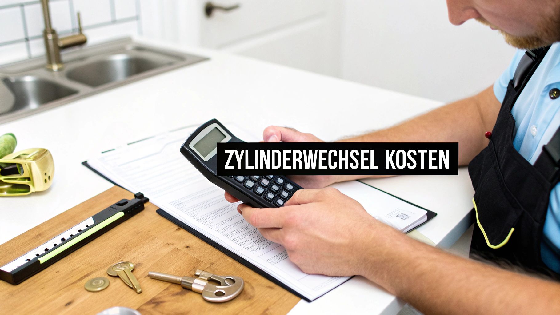 Person berechnet die Kosten für den Wechsel eines Zylinderschlosses mit Taschenrechner und Dokumenten.