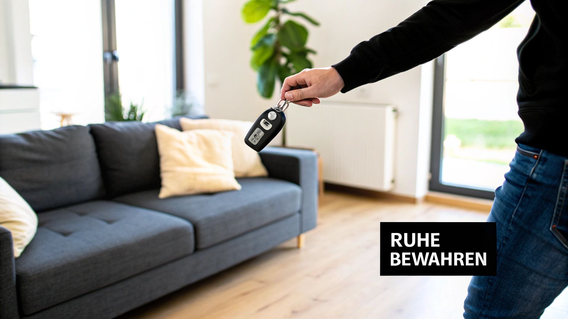 Person hält einen modernen Autoschlüssel in der Hand