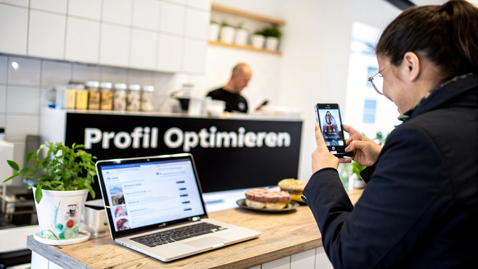 Person optimizes Google Maps profile on smartphone with laptop in a modern office