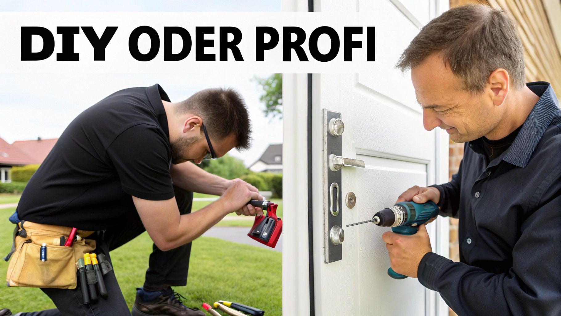 DIY oder Profi: Zwei Männer installieren Türschlösser mit Werkzeug an Haustüren