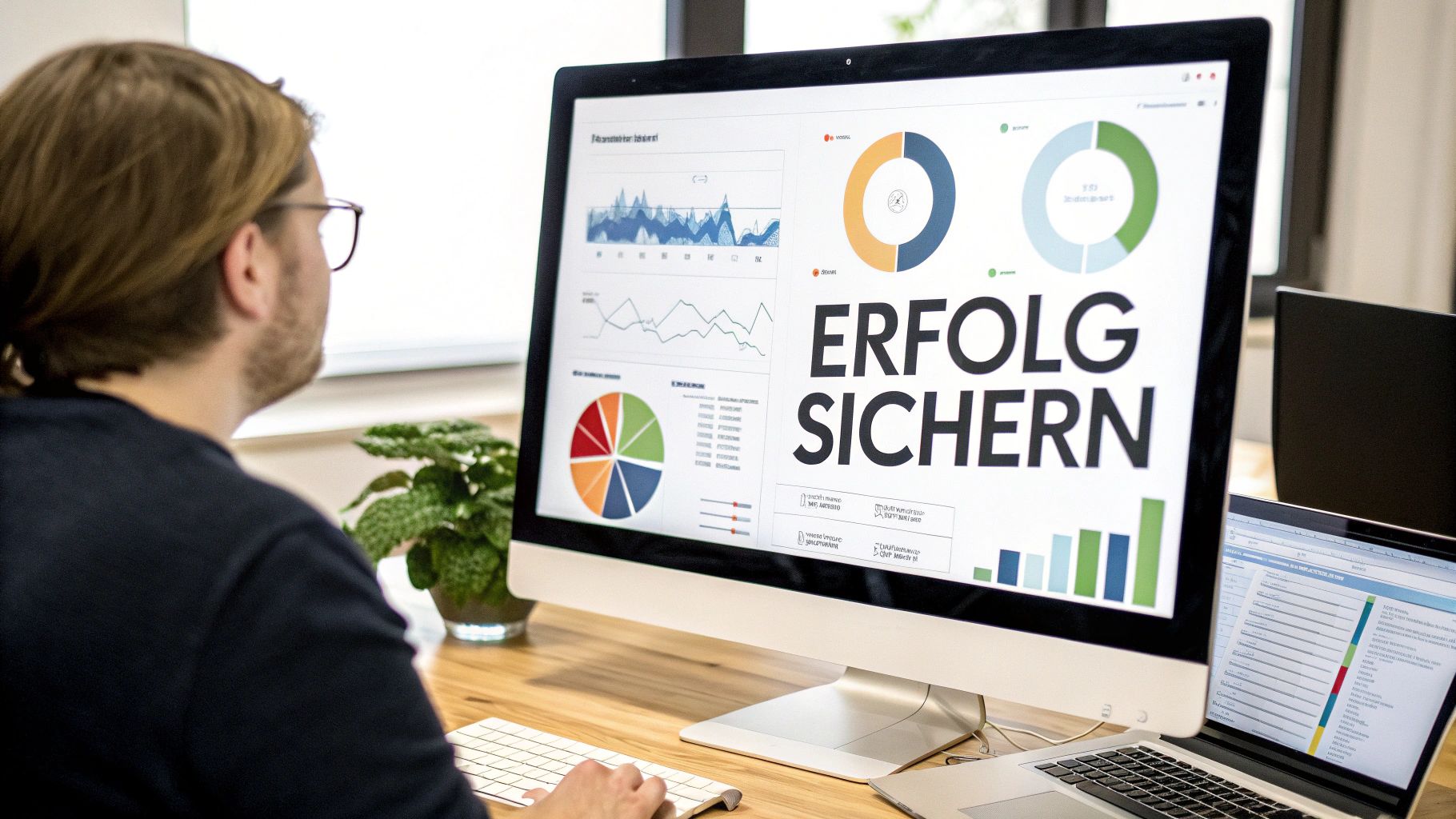 Eine Person analysiert SEO-Daten auf einem Dashboard, was die Überwachung nach dem Relaunch symbolisiert.