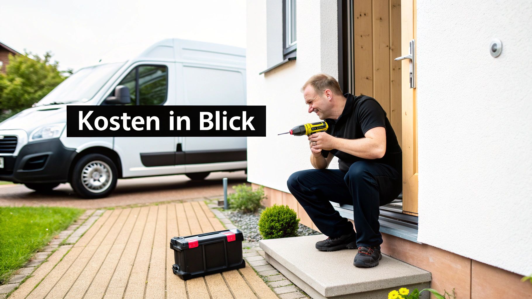 Handwerker mit Bohrmaschine an einer Tür, Werkzeugkasten daneben und Lieferwagen im Hintergrund. Kosten in Blick.