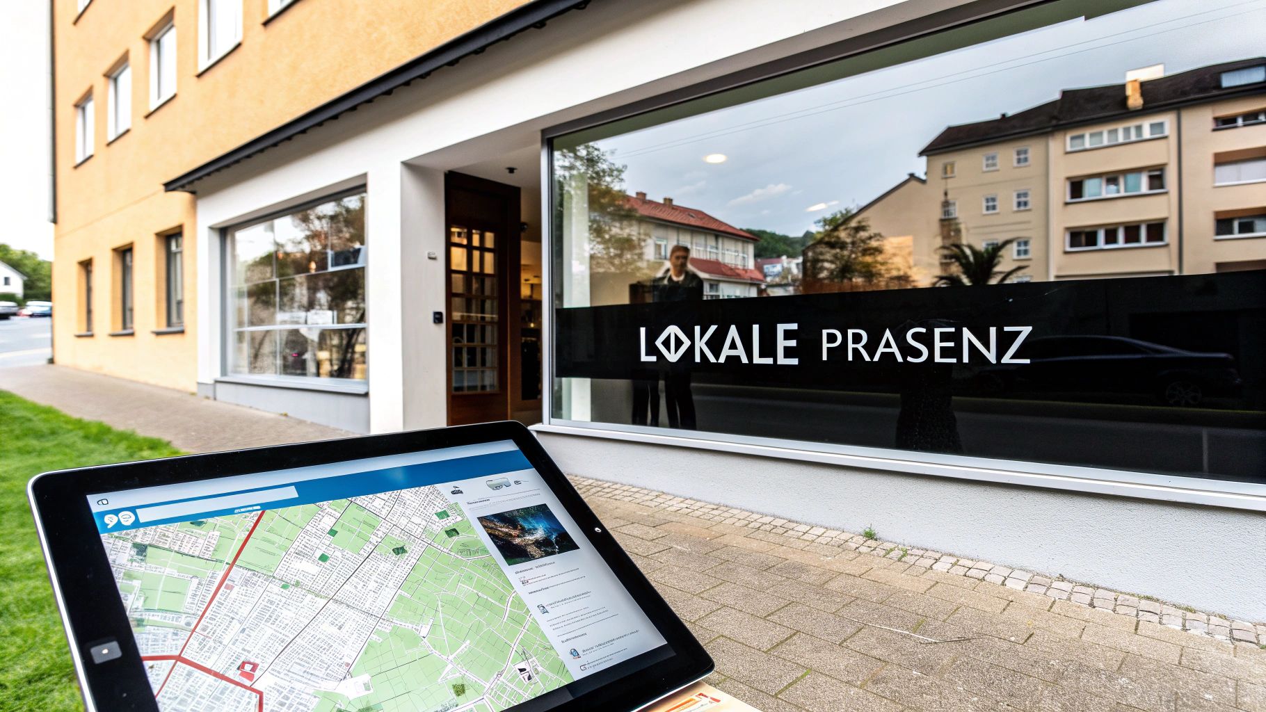 Tablet mit digitaler Karte vor modernem Immobilienbüro mit Lokale Präsenz Schriftzug im Schaufenster