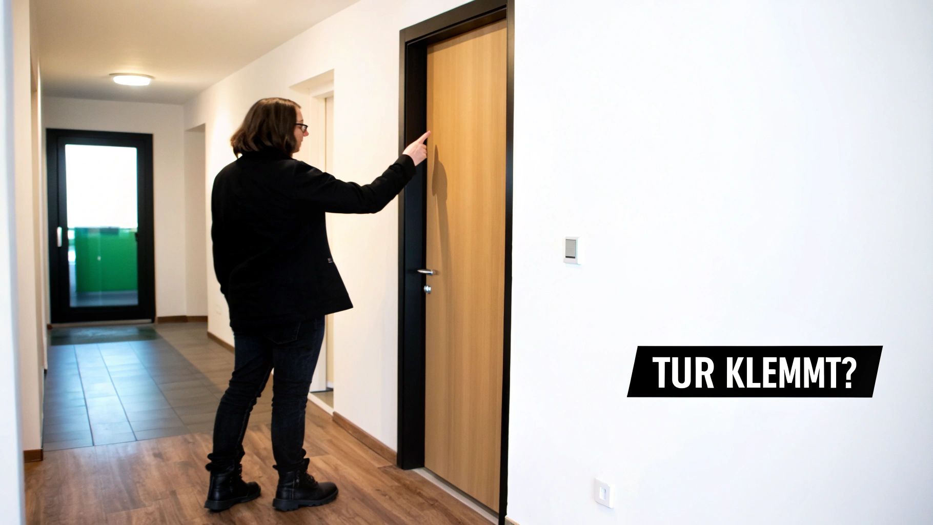 Ein Mann in einem modernen Flur zeigt auf eine geschlossene Holztür mit der Frage: Tür klemmt?