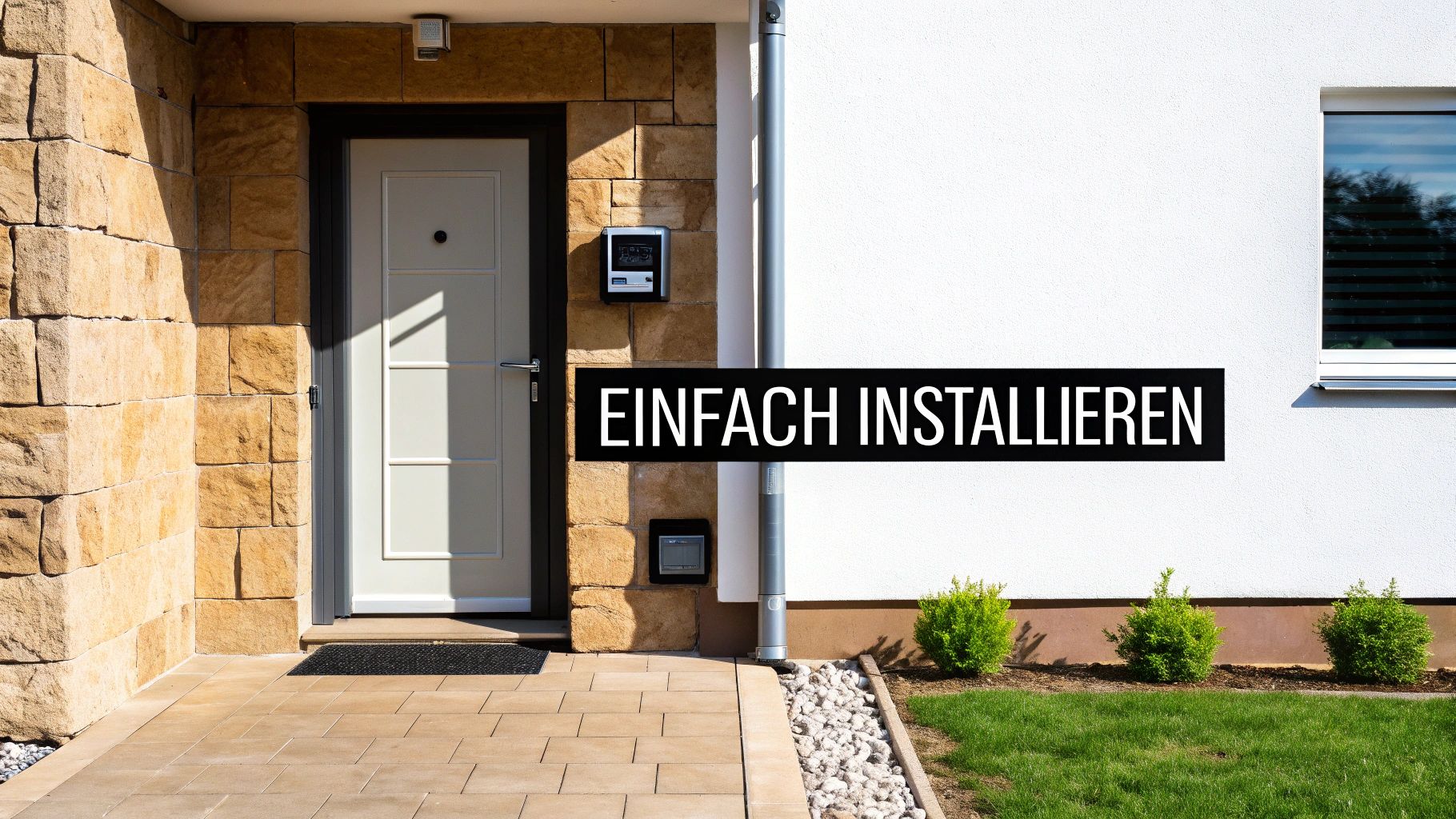 Moderner Hauseingang mit heller Haustür, Steinmauer und weißer Fassade, ideal für die Installation.