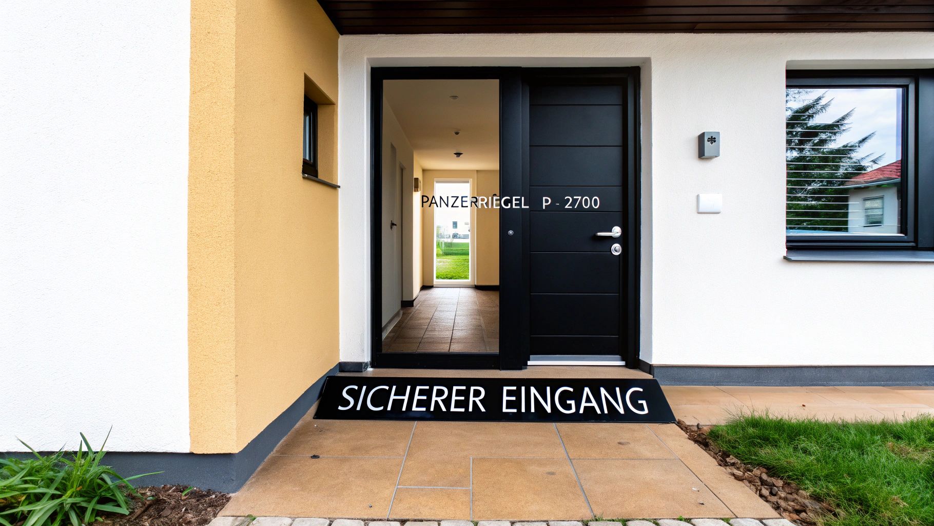 Hauseingang mit offener schwarzer Tür, auf der 'PANZERRIEGEL P - 2700' steht, und einer Fußmatte 'SICHERER EINGANG'.