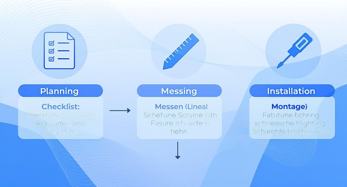 Blau-weißes Diagramm, das einen dreistufigen Prozess darstellt: Planung, Messung und Installation.