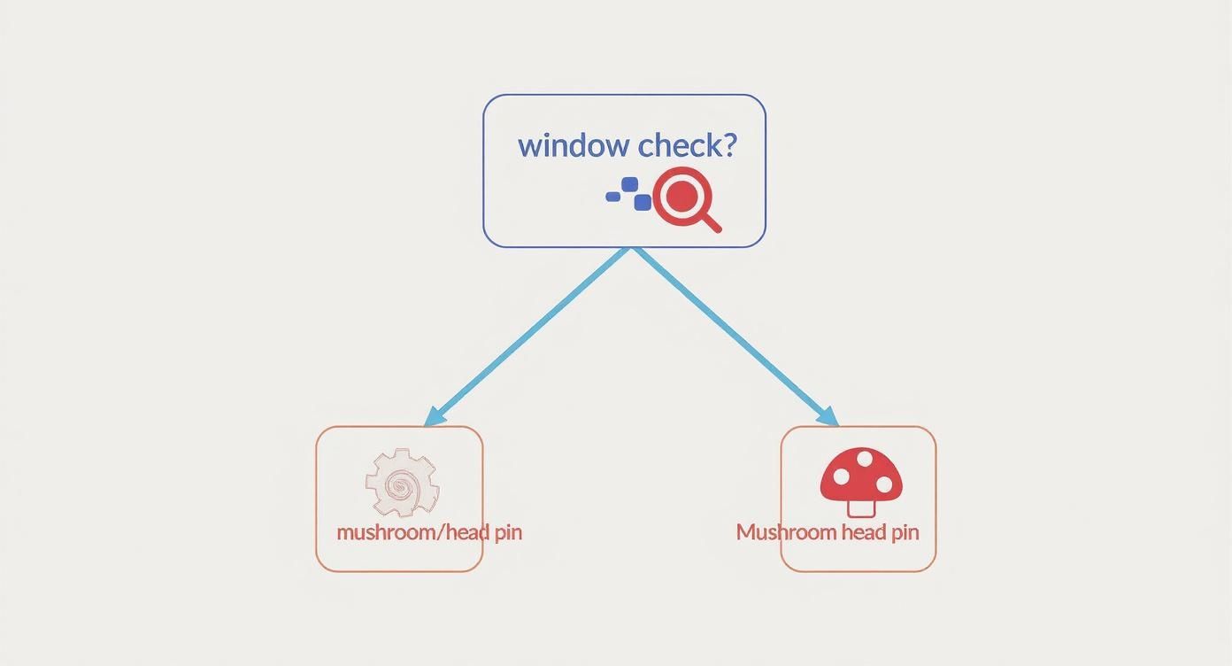 Flussdiagramm zeigt Fensterprüfung mit Verzweigung zu zwei Optionen für Pilzkopfverriegelungen zur Einbruchsicherung